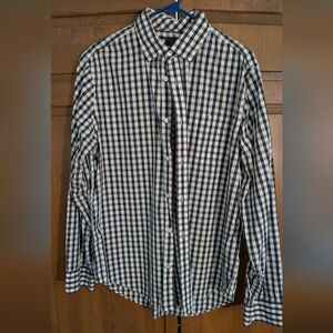 GAP Men's Navy Blue, Brown, and White Plaid Button Down Shirt